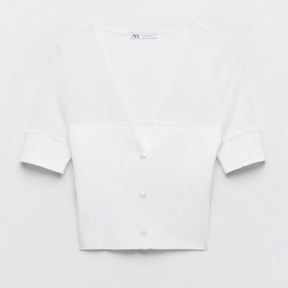 Zara RIBBED TULLE TRIM TOP Sz S